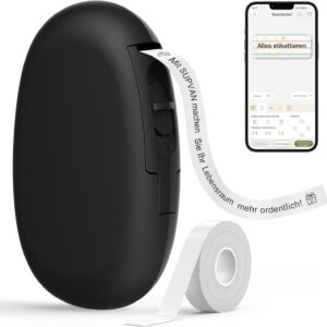 SUPVAN E10 Label Printer with Waterproof Labels Self-Adhesive (15mm x 6m) Portable Label Maker Bluetooth Suitable for Home School Office Black