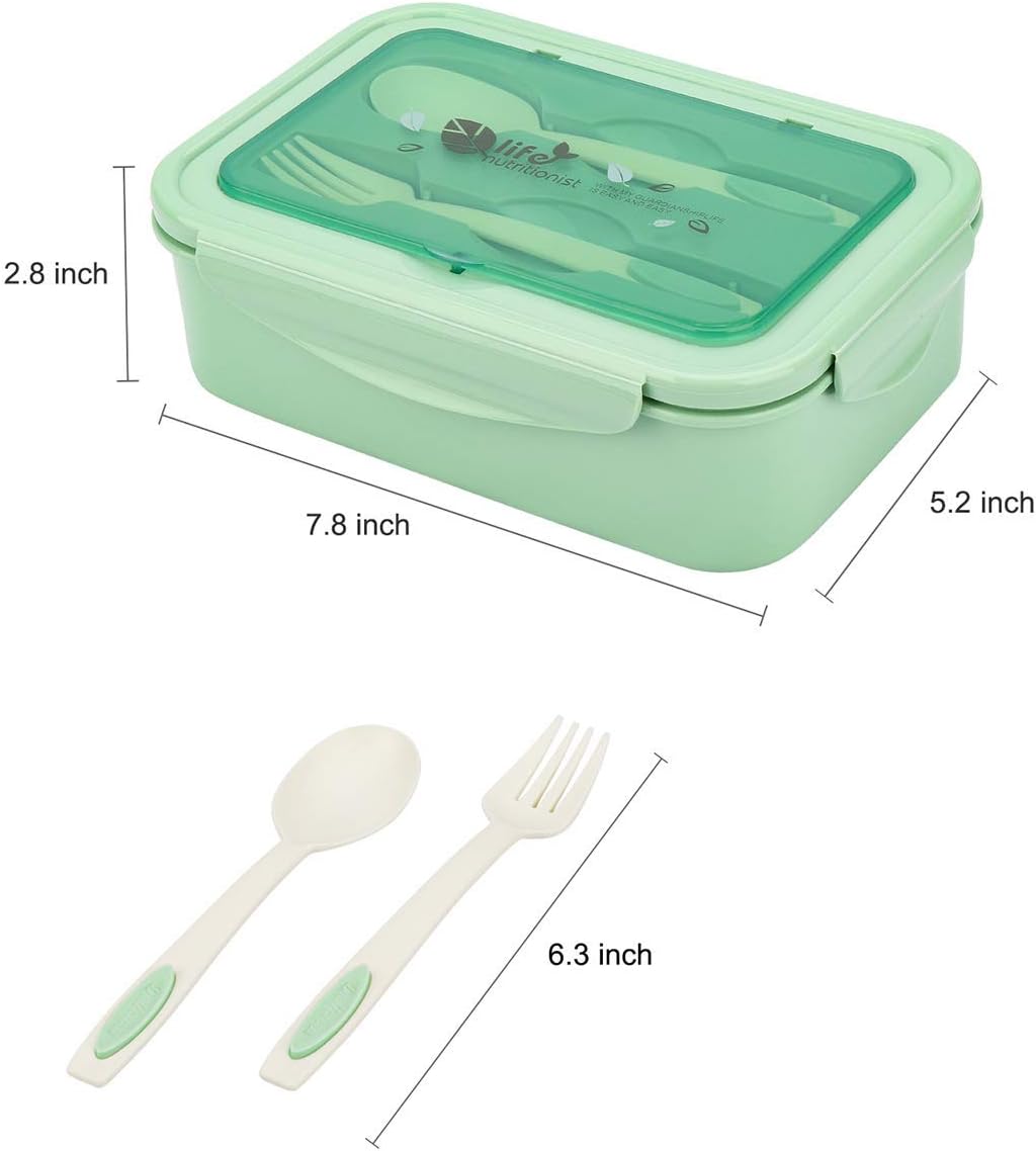 BIBURY Bento Lunch Box for Adults and Children, Leak-Proof, 1400 ml Lunch Box with 3 Compartments and Cutlery, Lunch Box Kids, Microwave-Safe, for School, Work, Picnic, Travel (Green) – Bild 4