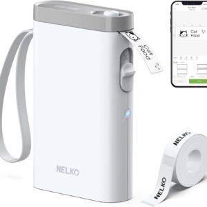 Nelko Label Printer with Tape, Portable Bluetooth Label Printer P21, Wireless, Built-in Cutter, Mini Label Printer with Templates for Organisation, Storage, Office and Home, White