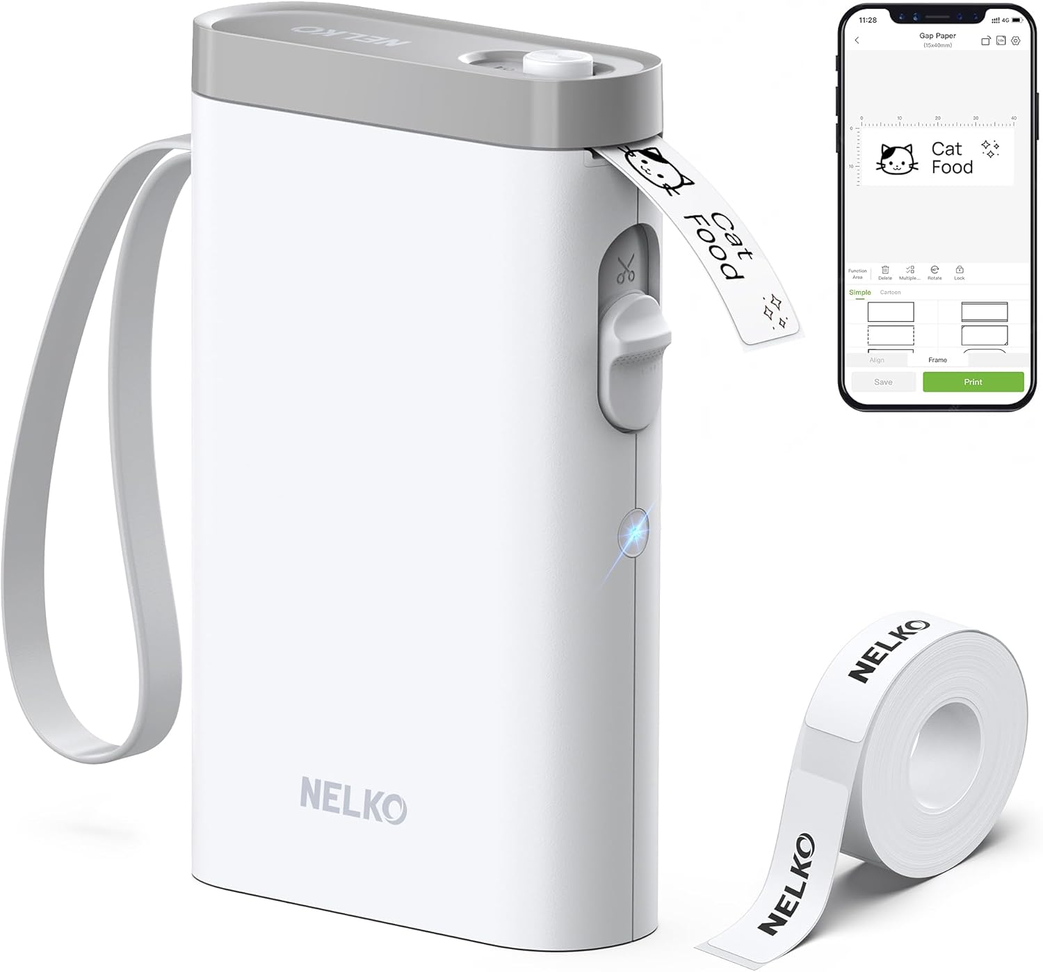 Nelko Label Printer with Tape, Portable Bluetooth Label Printer P21, Wireless, Built-in Cutter, Mini Label Printer with Templates for Organisation, Storage, Office and Home, White