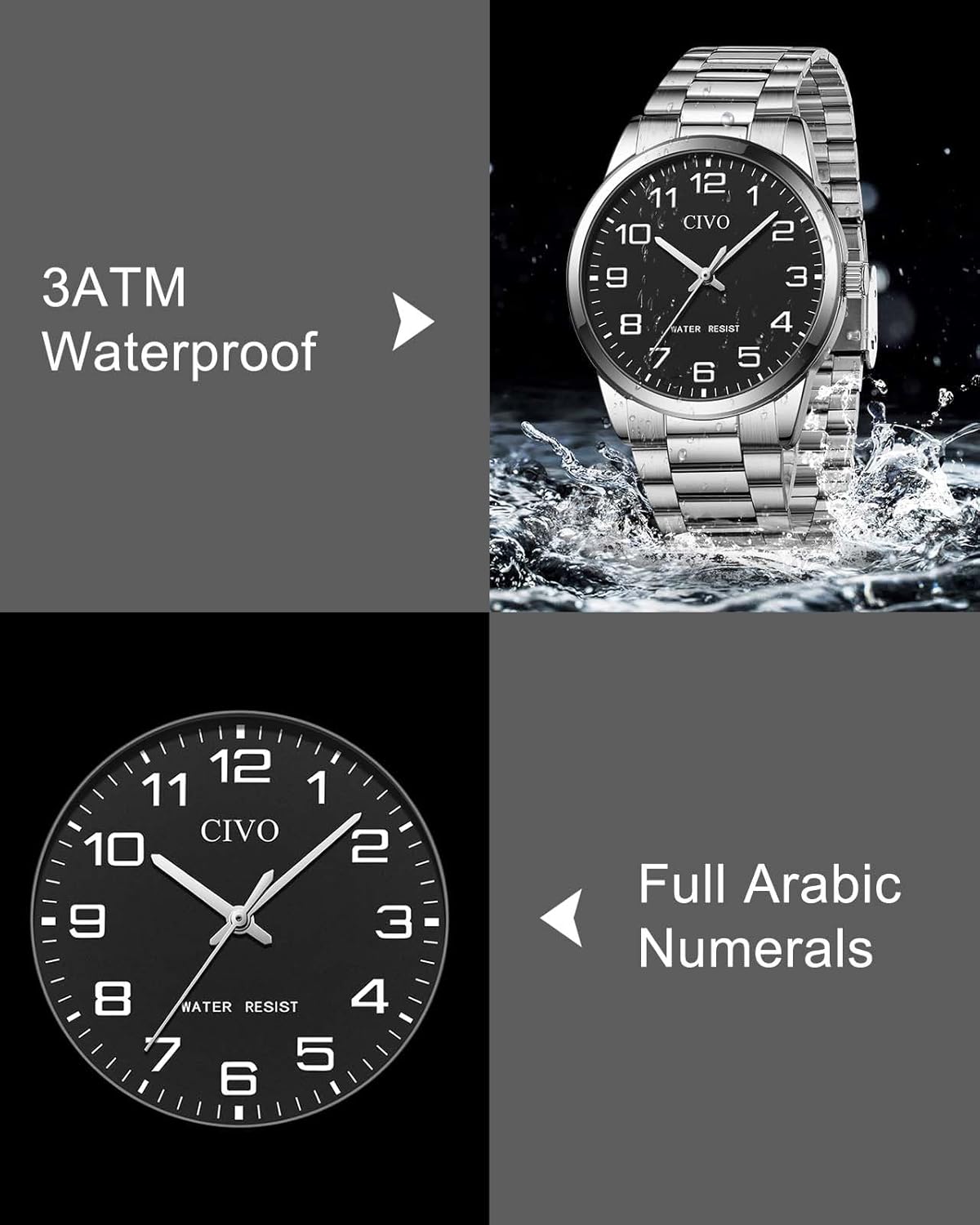CIVO Men's Casual Analogue Quartz Watch, Easy to Read Silver Stainless Steel Waterproof Watch – Bild 5