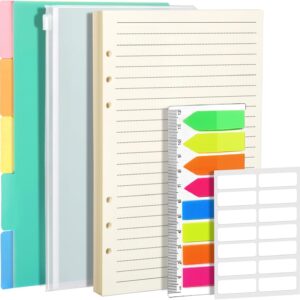 FANDAMEI A5 Paper Lined Refillable Note Paper Set, A5 Refill Papers Ruled 45 Sheets, 5 Pieces Folder Dividers A5, Envelope Bag, 160 Pieces Sticky Notes, Labels Self-Adhesive