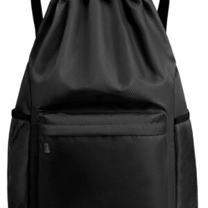 Gym Bag with Drawstring, Waterproof, Large Capacity Gym Bag, Black, Sports Bag with Drawstring for Women and Boys, Adjustable Gym Bag, Waterproof for Sports, Travel, School, Beach