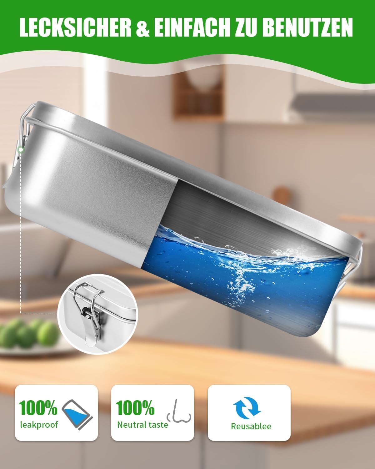 1400 ml Stainless Steel Lunch Box Adult Stainless Steel Lunch Box Stainless Steel with Divider, Leak-Proof, with 2 Compartments, BPA-Free Lunch Box Metal for Camping, Picnic, Travel and Work – Bild 3