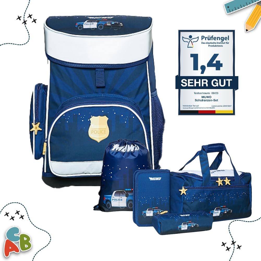 MUWO Children's School Bag Set of 5 Ergonomic Lightweight School Backpack with Sports Bag, Gym Bag, Pencil Case, Only 920 g, Police design, Casual