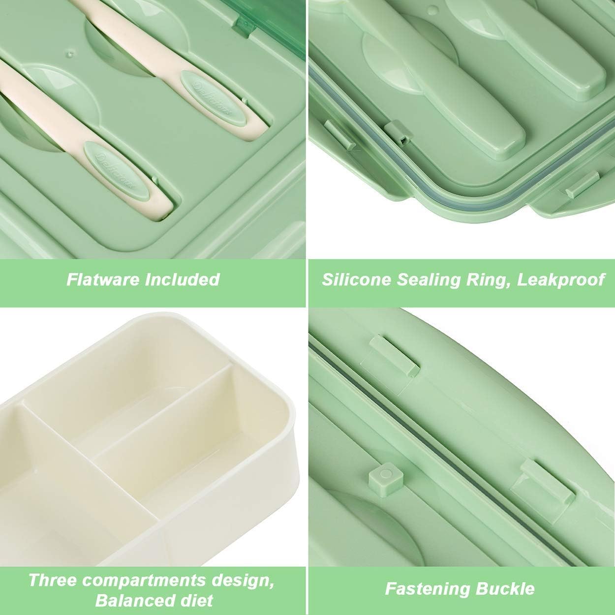 BIBURY Bento Lunch Box for Adults and Children, Leak-Proof, 1400 ml Lunch Box with 3 Compartments and Cutlery, Lunch Box Kids, Microwave-Safe, for School, Work, Picnic, Travel (Green) – Bild 2