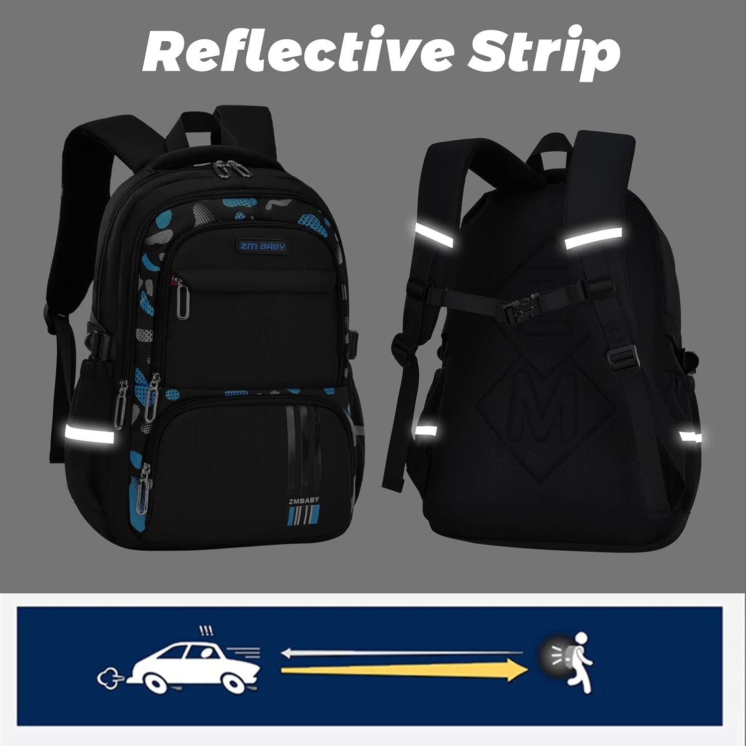 IvyH Boys' School Backpack, Stay Comfortable and Safe with Our Breathable Backpack Boys with Non-Slip Chest Strap, Reflective Stripes, black-blue, Rucksack Backpacks – Bild 6