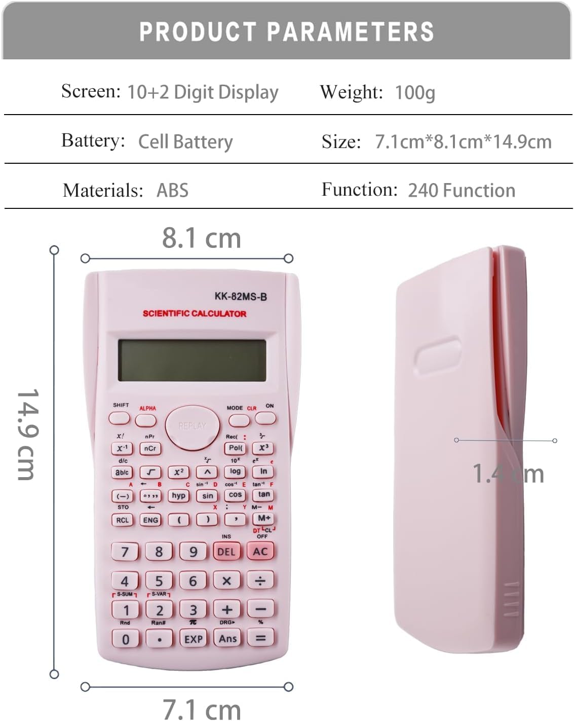 KK-82MS-D Portable Scientific Calculator with 240 Functions, Dual Line Display for School Supplies, Students, Teachers, Business, Office, Home (Pink) – Bild 6