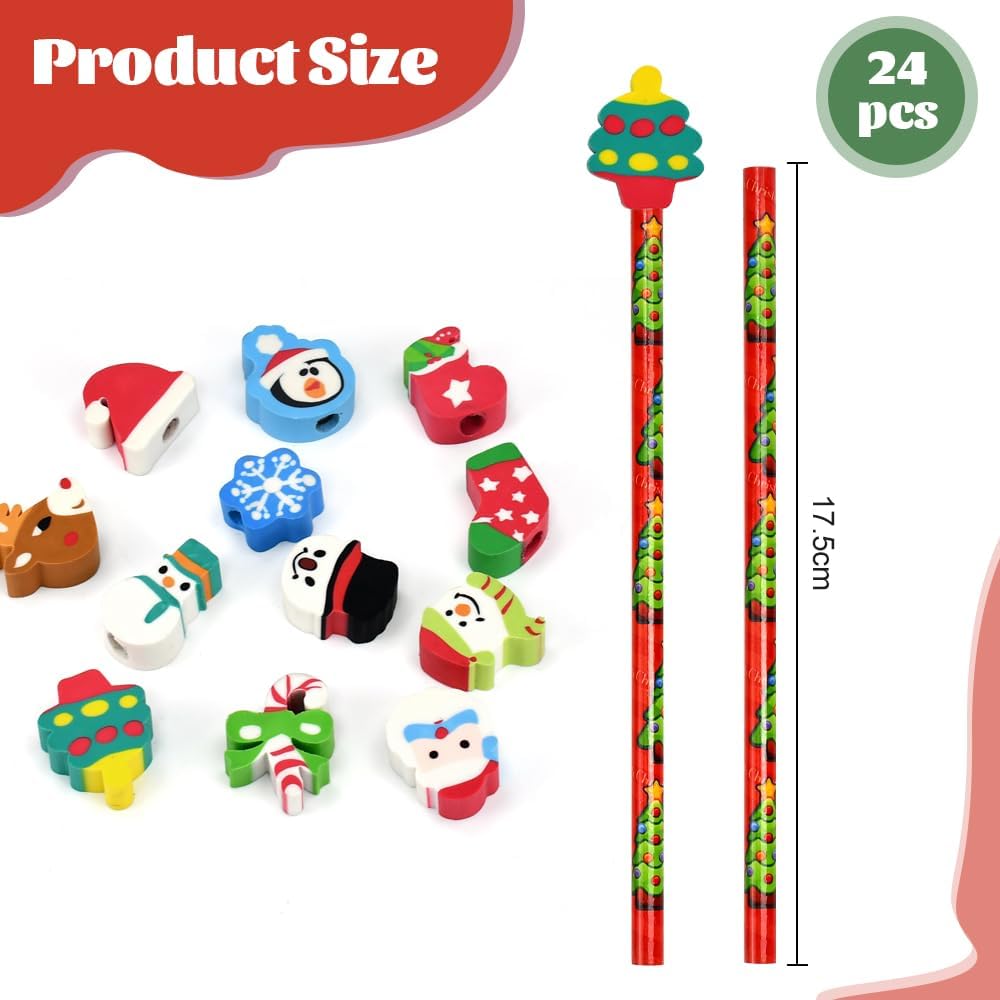 School HB Pens Set of 24 Christmas Pencils with Erasers Pencils Children Party Bags with Eraser Christmas Party Favours for Children Christmas Gift – Bild 2