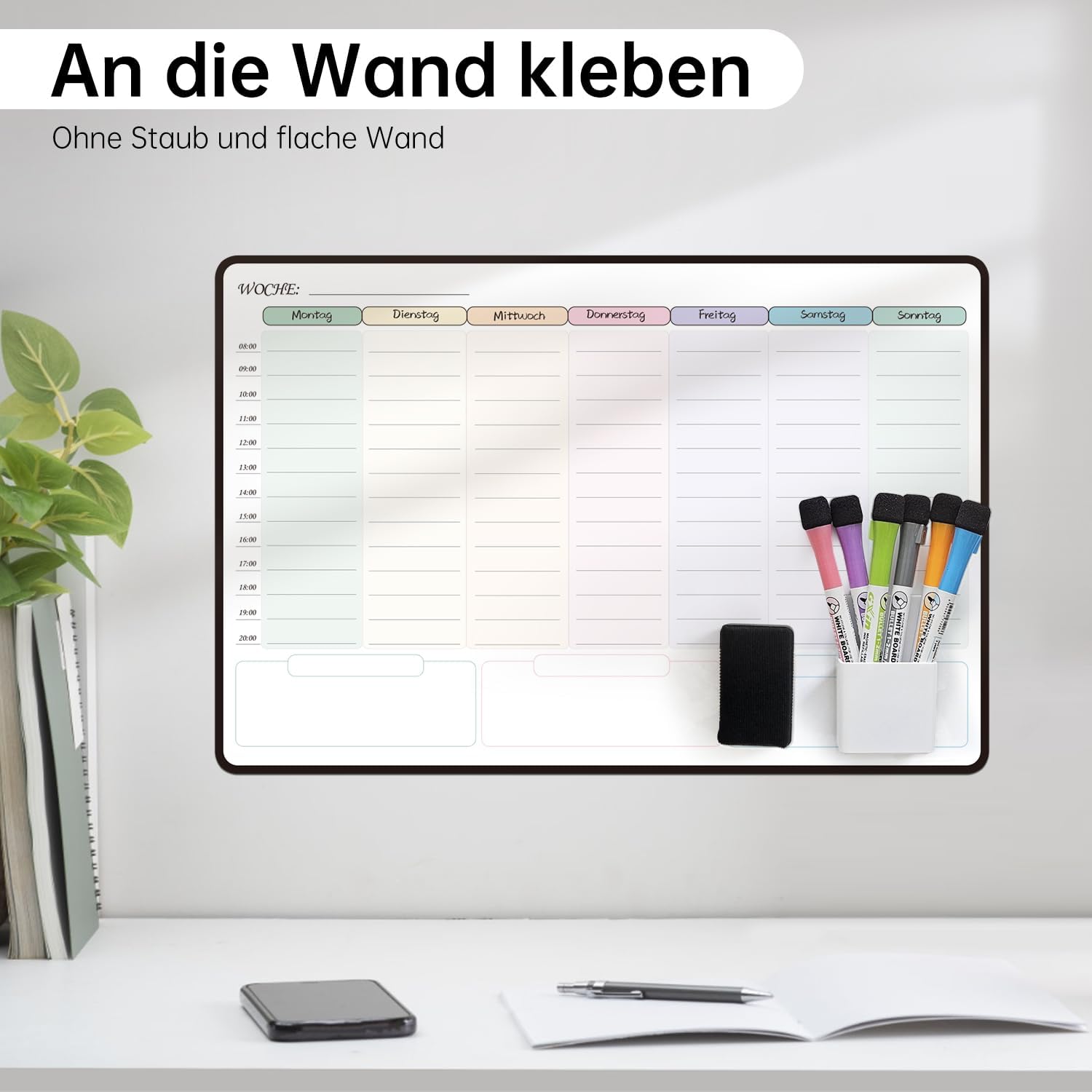 MCCORL 42 x 28 cm Whiteboard Weekly Planner Wipe Clean Self-Adhesive for the Wall, Glass and Wood (Any Smooth Surface) Planning Board, Memo Board in German – Bild 4