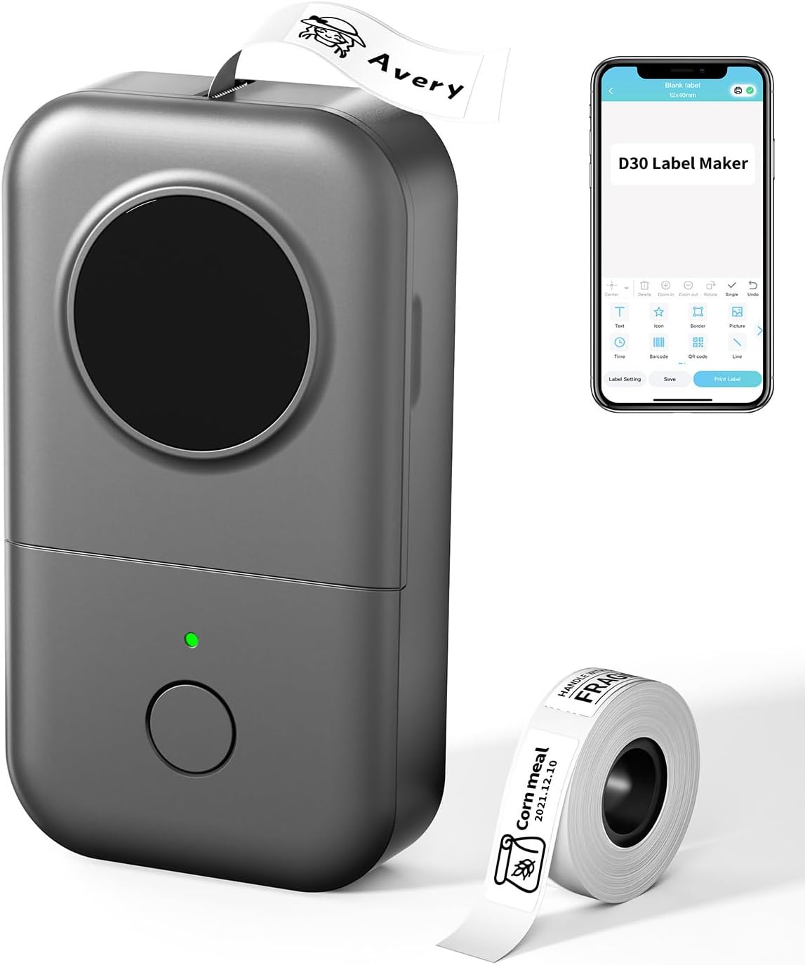 Phomemo D30 Bluetooth Labelling Device, Portable Label Printer, Self-Adhesive Label Maker for School, Family, Office, Kitchen, Thermal Wireless Labeling Device for iOS/Android, Grey