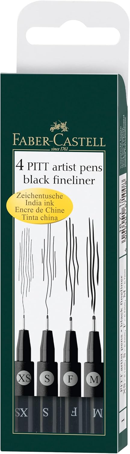 Faber-Castell 167115 Pitt Artist Pen, Indian Ink Pen, Pack of 4, Contents: M, F, S, XS, Black, Black