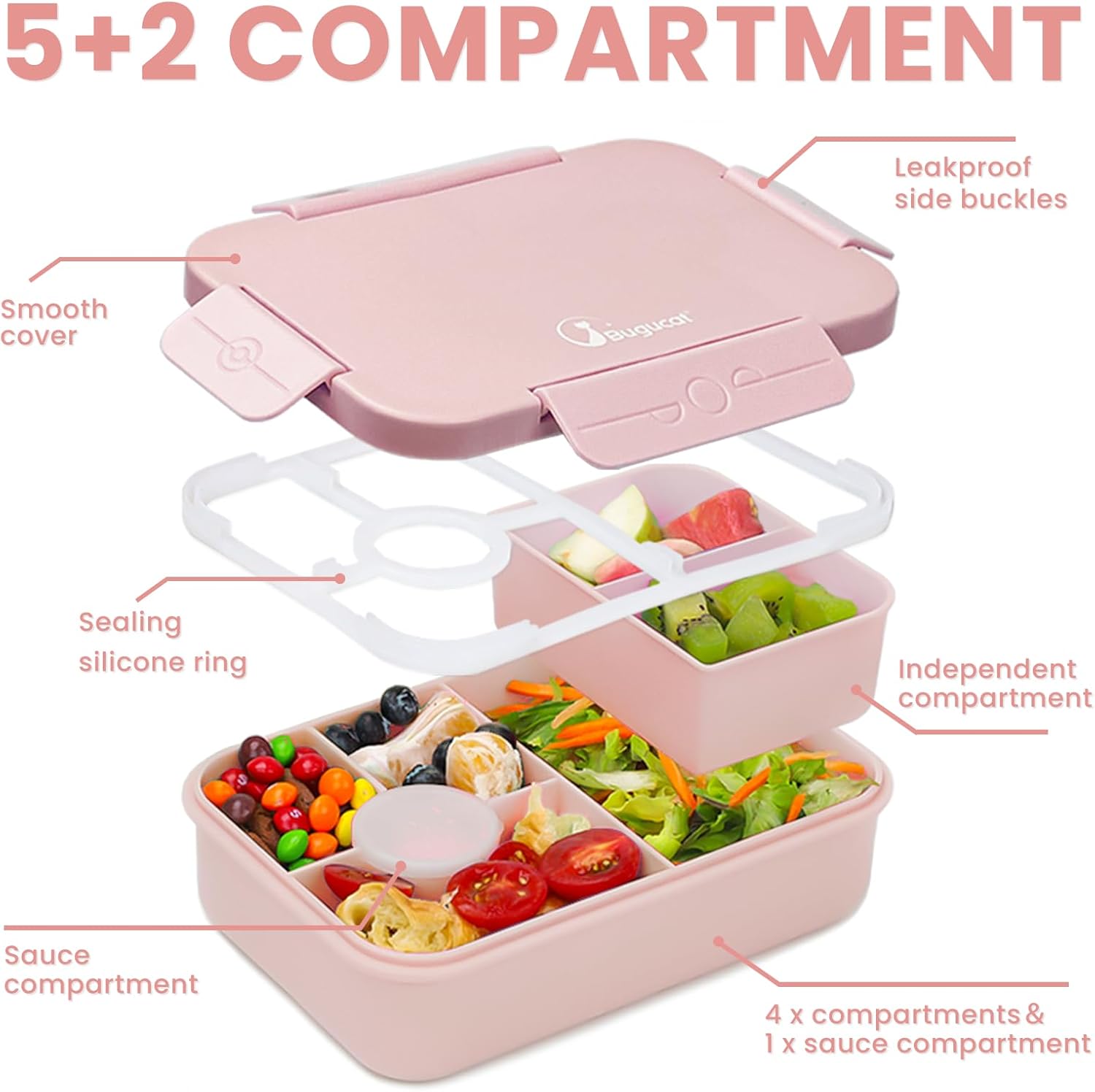 Bugucat Children's Lunchbox with Compartments, 1300 ml, Leak-Proof, Bento Box with Cutlery Set, Sandwich Box for Children and Adults, Breakfast Box for Girls and Boys, Pink – Bild 3