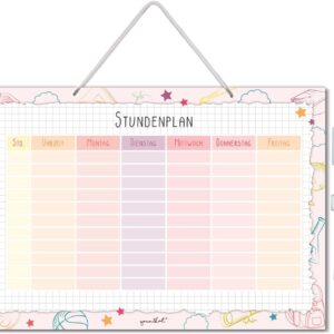 Timetable in Pink, DIN A4 Hard Foam Board (21 x 29.7 cm), with Checked Background and Doodle Motif for Boys and Girls, dv1220