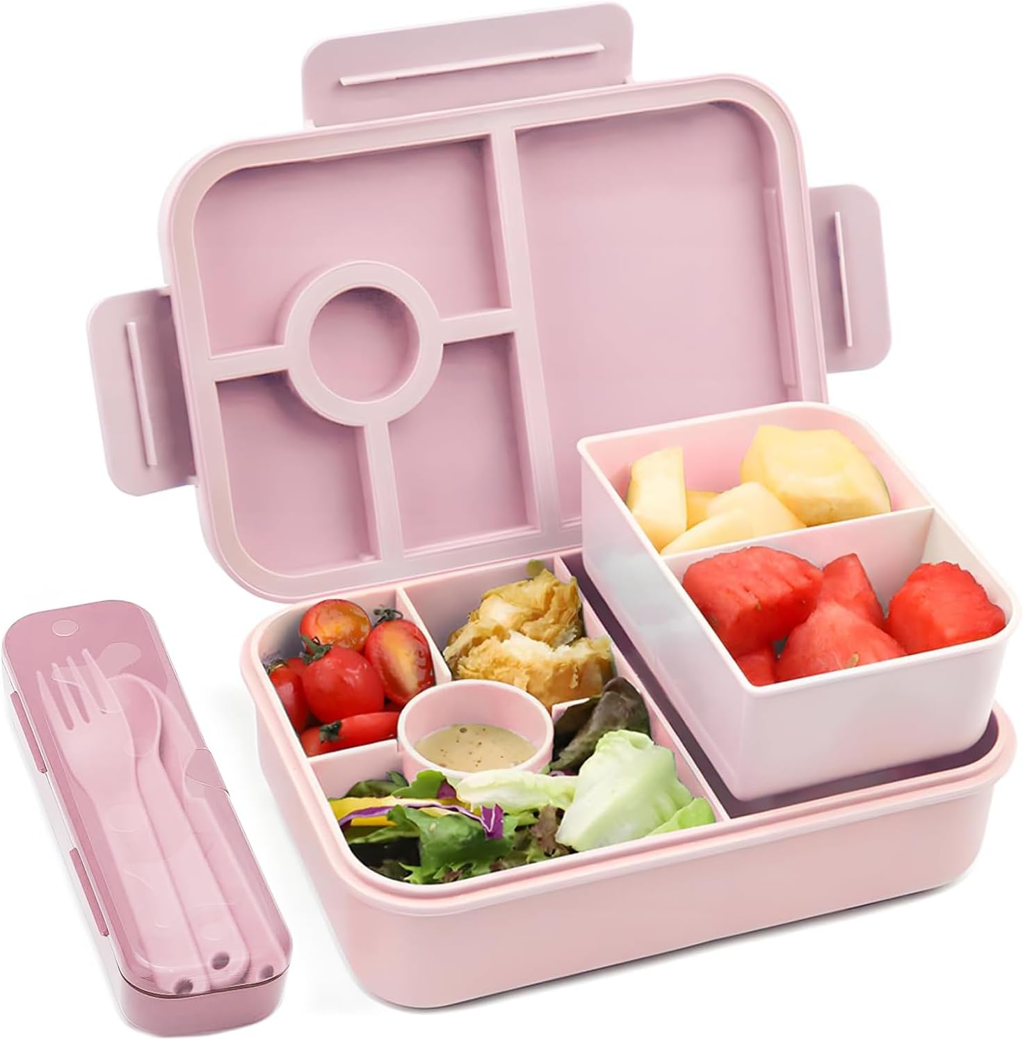 Bugucat Children's Lunchbox with Compartments, 1300 ml, Leak-Proof, Bento Box with Cutlery Set, Sandwich Box for Children and Adults, Breakfast Box for Girls and Boys, Pink