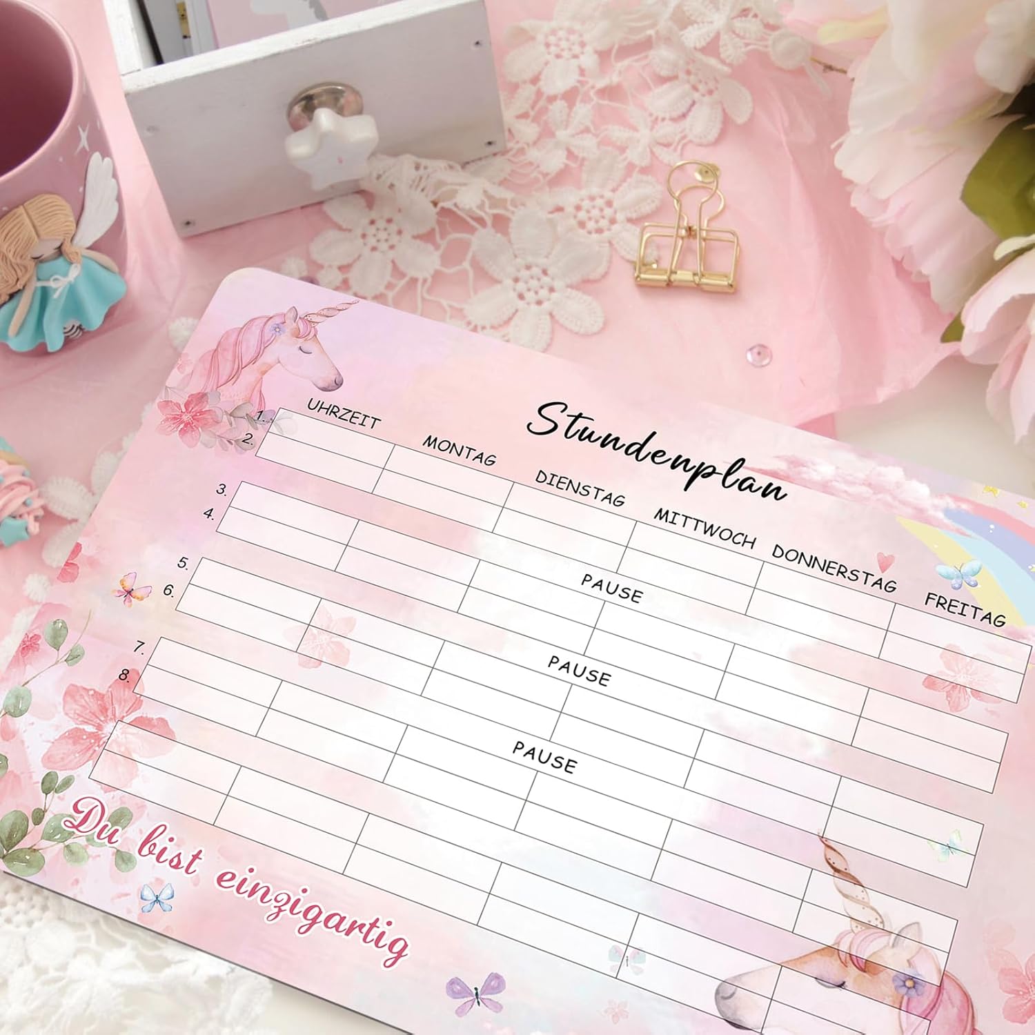 Unicorn timetable wipeable, magnetic timetable, school enrolment girl gift, back to school, contents school cone filling girls – Bild 6