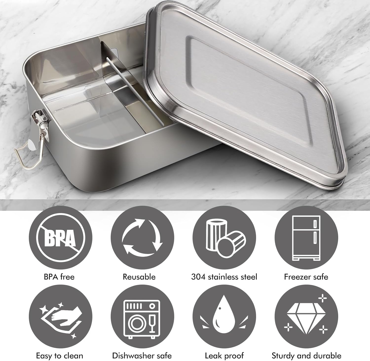 Stainless Steel Lunch Box, 1200 ml Lunch Box, Leak-Proof with Removable Divider, Lunch Boxes, Metal, Environmentally Friendly, for Adults and Children – Bild 3