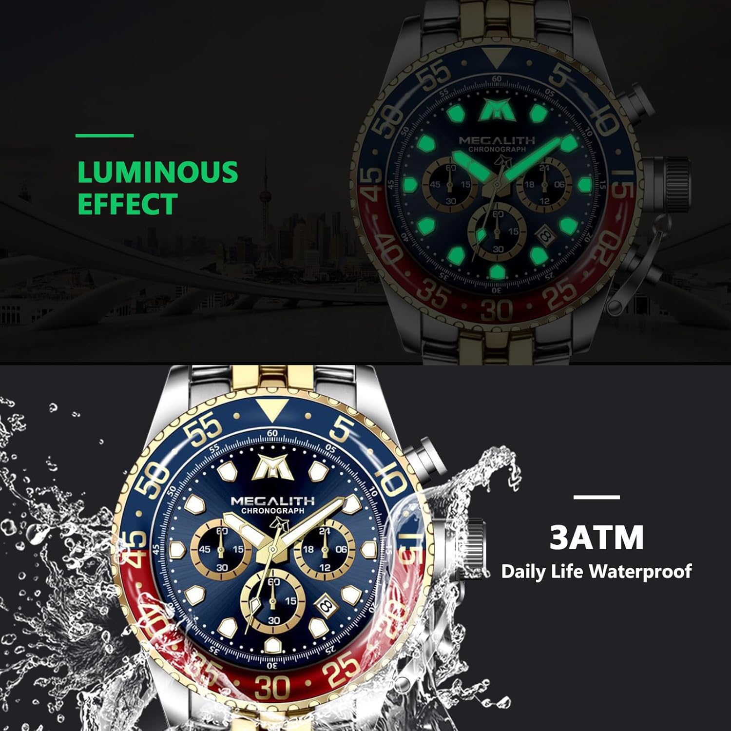 MEGALITH Men's Watch Stainless Steel Chronograph Watch Men's Waterproof Large Analogue Watch Men's Business Design Watches for Men Calendar Luminous – Bild 5