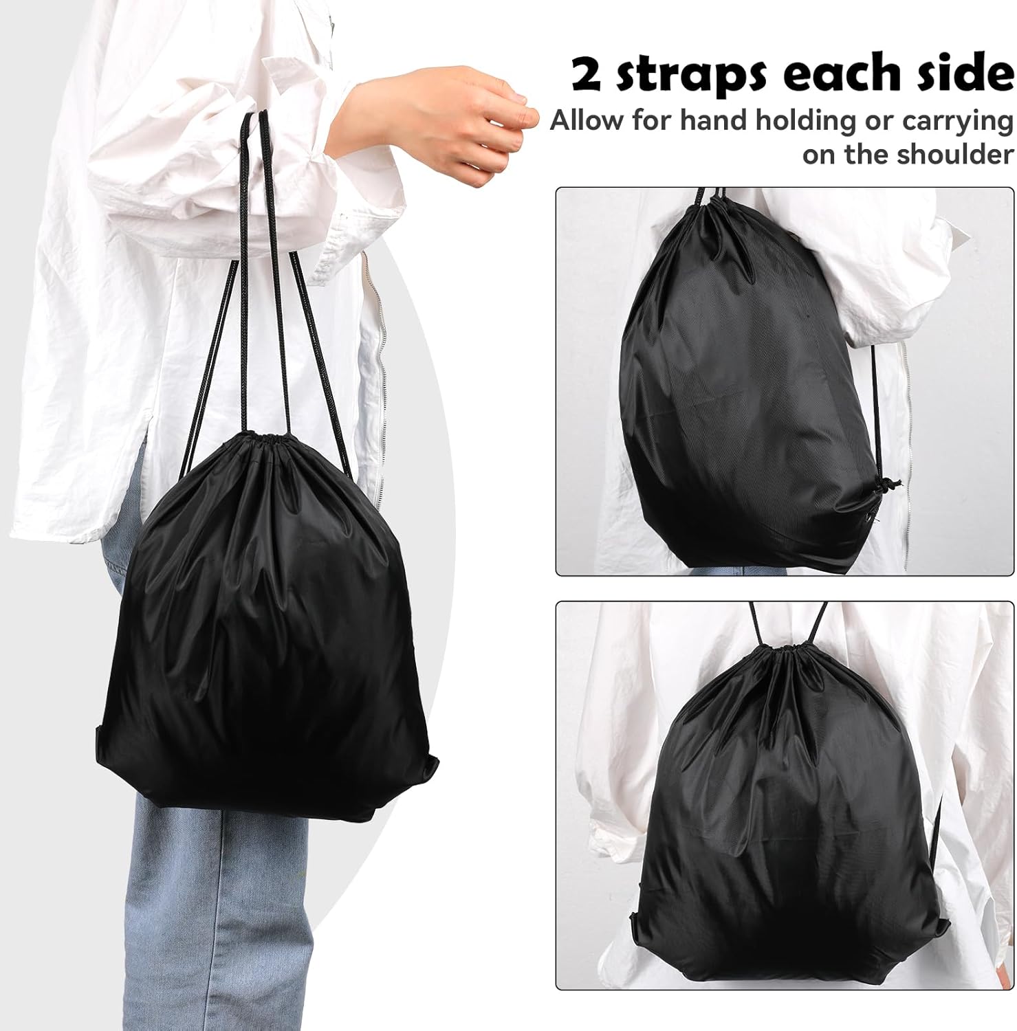 Pack of 2 Drawstring Bag String Backpack with Drawstring Swimming Bag Adjustable Gym Bag Black PE Bag Polyester Sports Bag for Women Men Sports Gym Travel Swimming Beach, black – Bild 4
