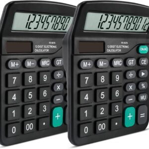 2 Pack Calculator, Desktop Calculator 12 Digits with Large LCD Display and Sensitive Button, Dual Power (Solar and Battery) for Office, Home and School, Table Calculator Black