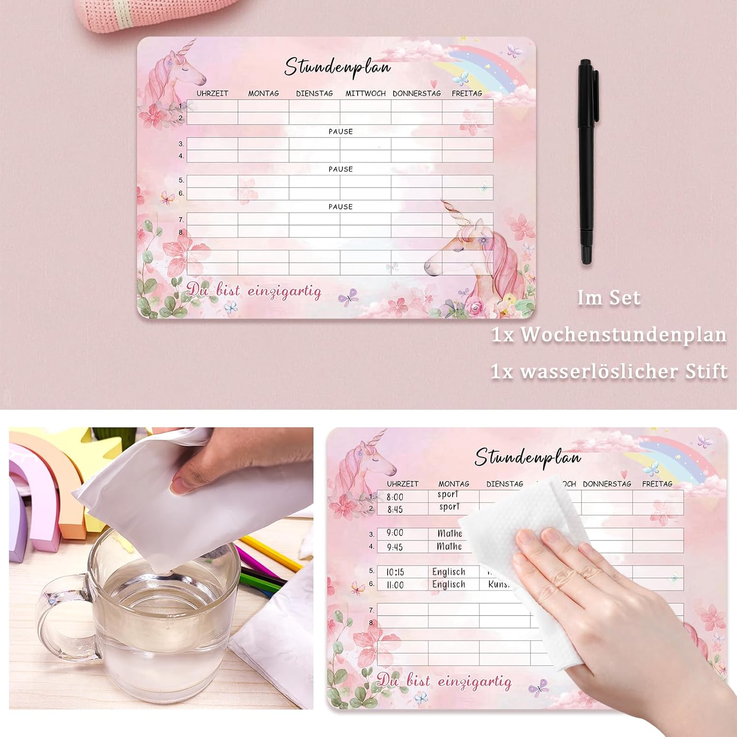 Unicorn timetable wipeable, magnetic timetable, school enrolment girl gift, back to school, contents school cone filling girls – Bild 3