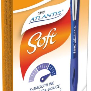 BIC 902132 Atlantis Soft Ballpoint Pen in Blue, Line Width 0.32 mm, Refillable, Pack of 12, Ideal for the Office, Home Office or School