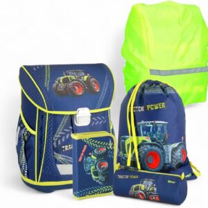 Tractor Power Spirit Cool TTS408868 School Bag Set of 5 with Shoe/Sports Bag, Pencil Case, Elastic Folder A4 and Rain Cover, Blue Green, Approx. 23/34/42 cm