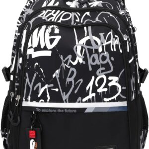 Amythe School Backpack Teenager Backpack for Boys – Waterproof Casual Daypack, School Bag Ideal for School, Travel and College, School Bag Black, White Numbers