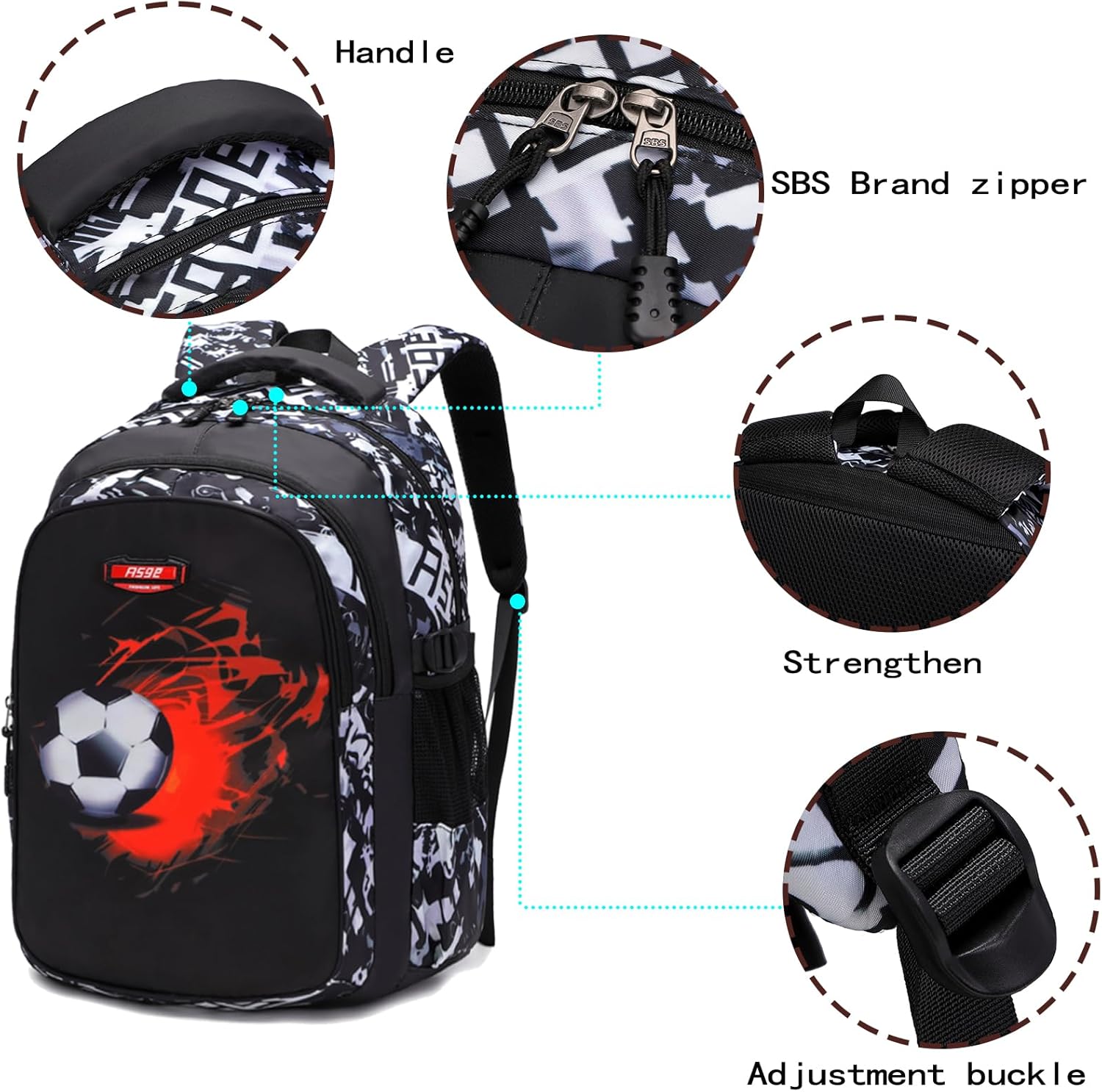 Asge School Backpack Boys Teenagers School Bags Girls Satchel Ergonomic Children's Backpacks Football Print School Bag for 8 10 14 Years School Bags for Boys Waterproof School Bag Large for School – Bild 4
