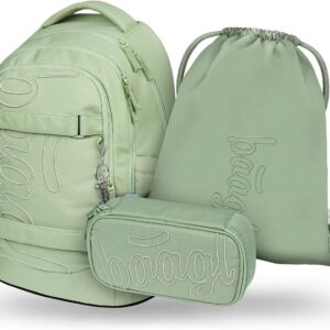 Baagl School Backpack Set Boys Girls Teenagers 3 Pieces Skateboard Backpack Skate MAX School Bag from 3rd Grade, Primary School Satchel with Chest Strap, Ergonomic School Bag, 30 L, mentol