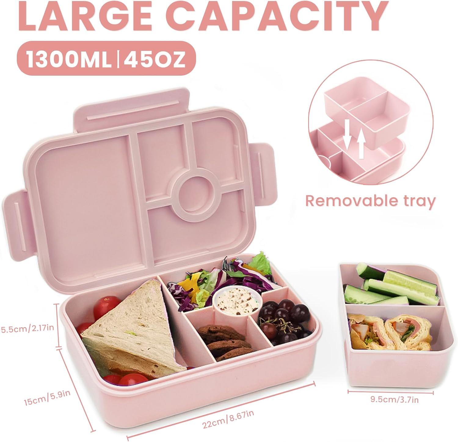 Bugucat Children's Lunchbox with Compartments, 1300 ml, Leak-Proof, Bento Box with Cutlery Set, Sandwich Box for Children and Adults, Breakfast Box for Girls and Boys, Pink – Bild 2
