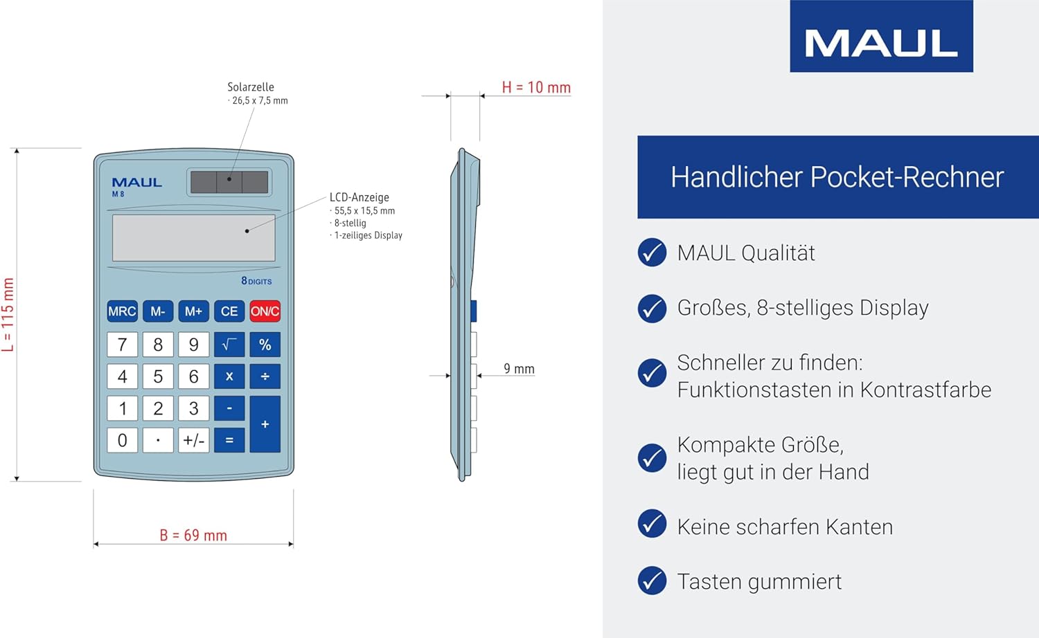 Maul Calculator M8 Calculator with Large 8-Digit Display, Standard Functions for Office, Home, Function Buttons, Coloured Solar Calculator, Battery Use in the Dark, Blue, 11.5 x 6.9 x 1.0 cm – Bild 4