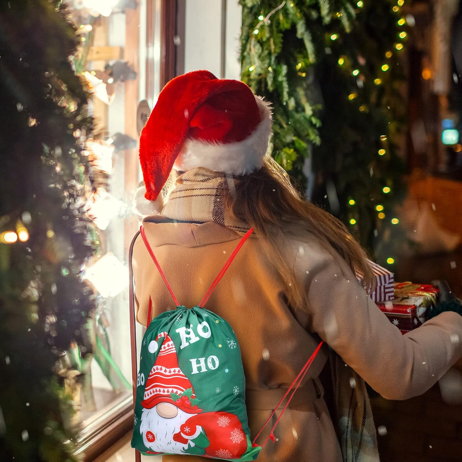 Pack of 12 Christmas Backpack with Drawstring Gift Bags 13.19 x 16.34 Inches Christmas Santa Claus Snowman Christmas Tree Gift Bags Party Bags for Children Birthday – Bild 7