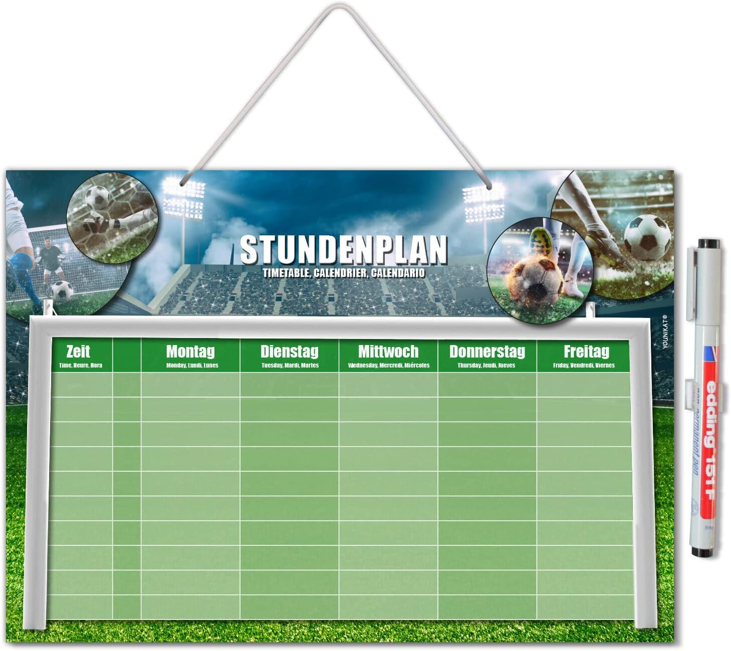 younikat Football timetable for hanging, wipe-clean, DIN A4, with hanger, pen holder and pen, boys, teenagers, cool, gift idea, dv1146