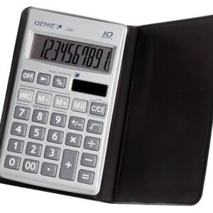 Genie 330 10-Digit Flat Pocket Calculator with Dual Power (Solar and Battery) + Protective Case – Silver