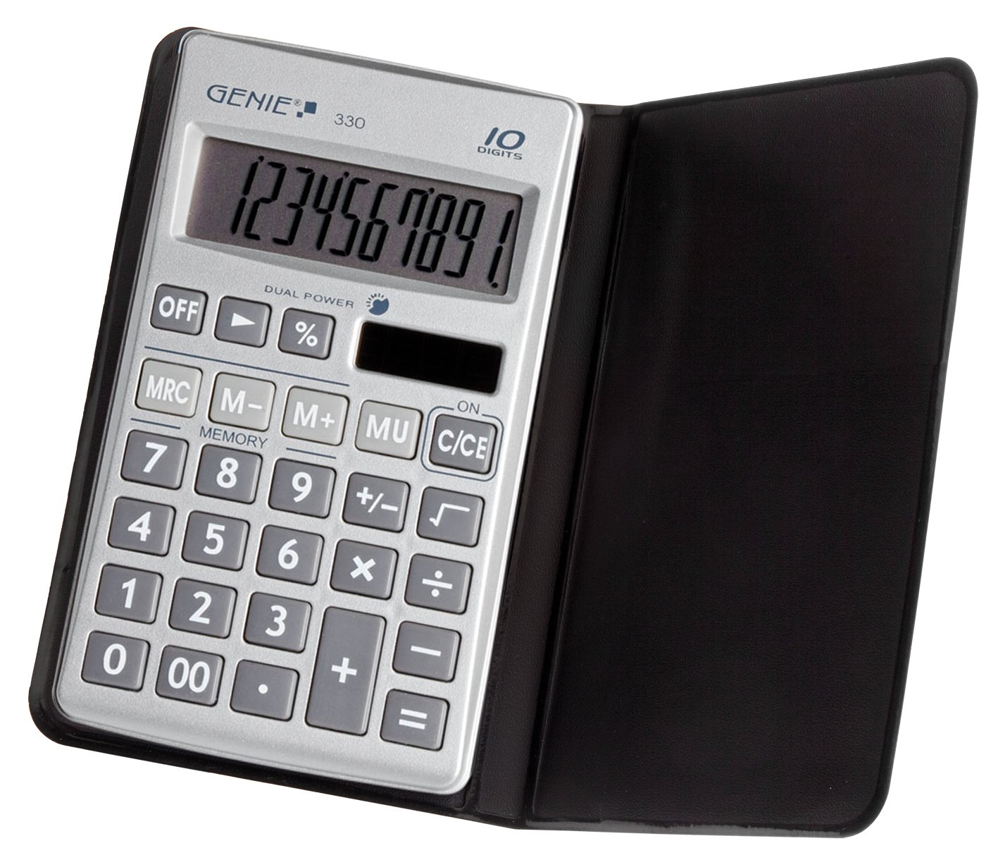 Genie 330 10-Digit Flat Pocket Calculator with Dual Power (Solar and Battery) + Protective Case – Silver