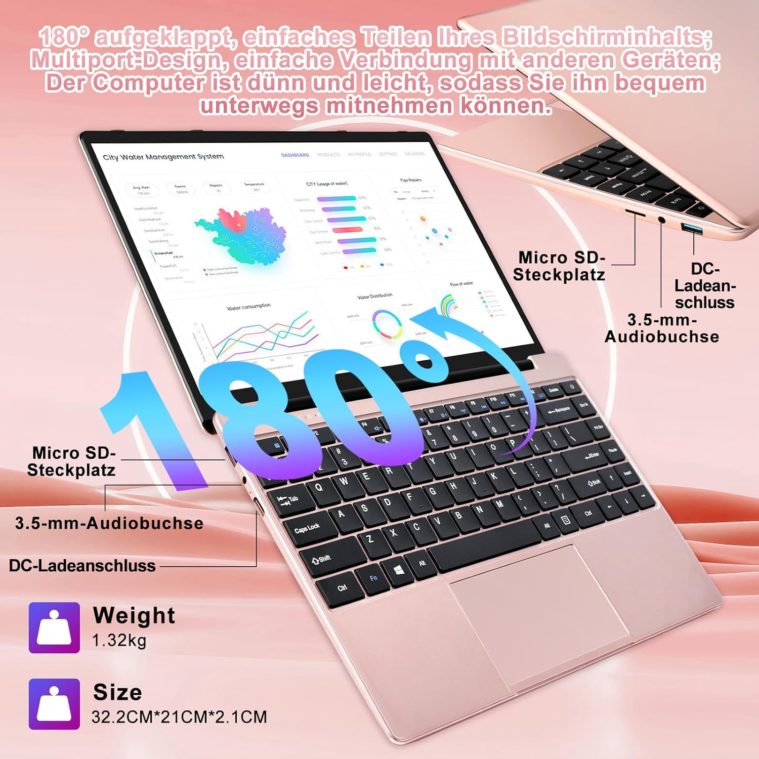 Laptop Celeron N4020 Up to 2.8Ghz, Laptops 14 Inch Win 11 Con 5G WiFi 6+256GB SSD Expansion 1TB, BT 4.2 1920 x 1080 FHD Mini Multimedia Connection, Notebook with German Keyboard Film Gold – Bild 3