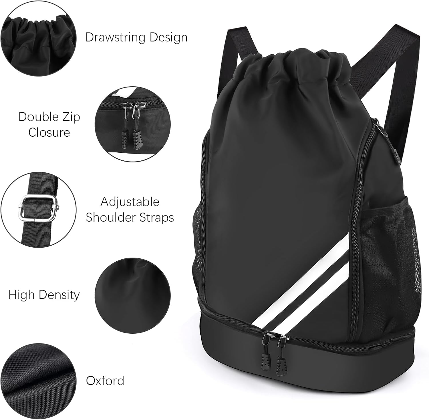 Gym Bag with Drawstring, Waterproof Sports Bag with Bottom Compartment, Sports Backpack Gym Bag with Inner Pocket, Outer Pocket, Gym Bag for Sports, Travel and City, Swimming Bag Black for Men and – Bild 4