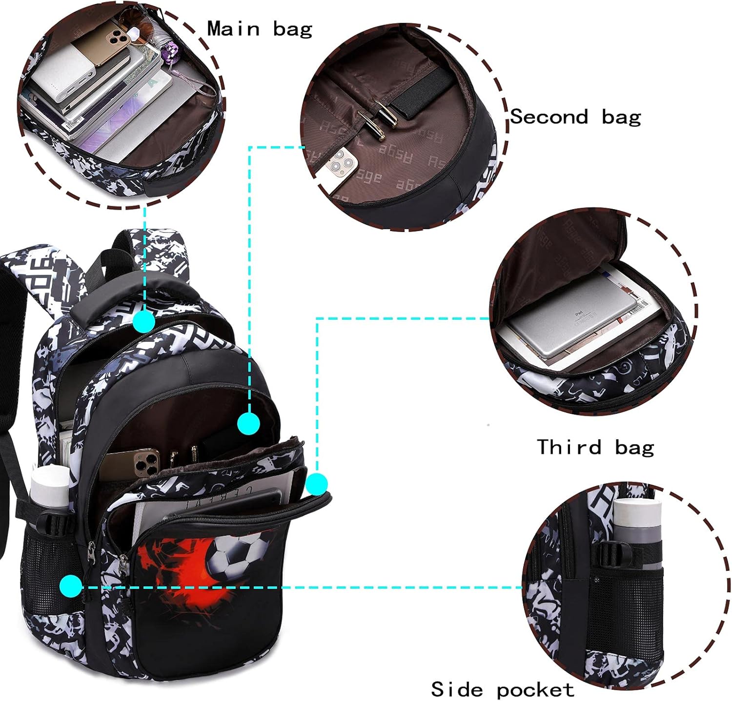 Asge School Backpack Boys Teenagers School Bags Girls Satchel Ergonomic Children's Backpacks Football Print School Bag for 8 10 14 Years School Bags for Boys Waterproof School Bag Large for School – Bild 5