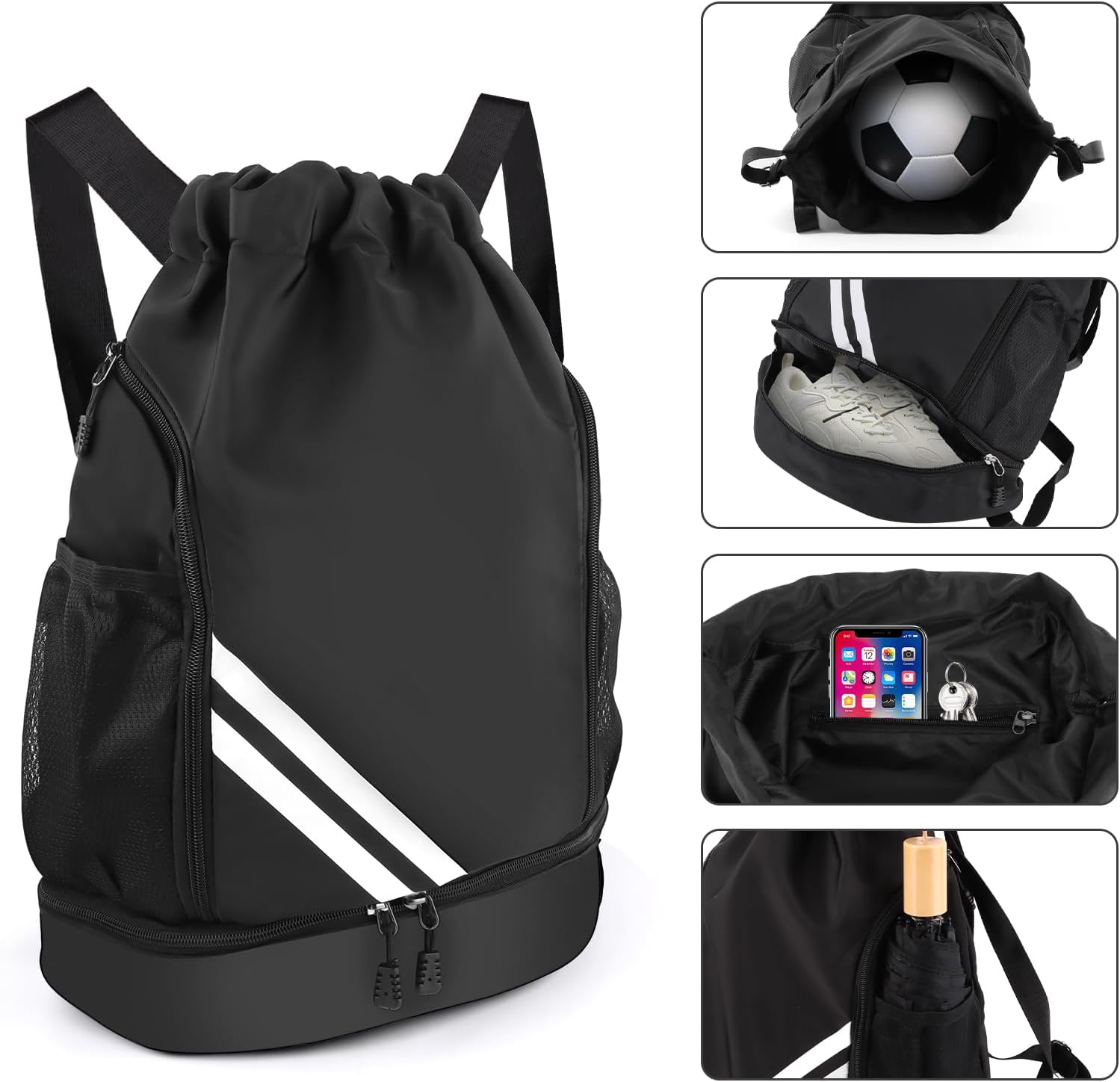 Gym Bag with Drawstring, Waterproof Sports Bag with Bottom Compartment, Sports Backpack Gym Bag with Inner Pocket, Outer Pocket, Gym Bag for Sports, Travel and City, Swimming Bag Black for Men and – Bild 3