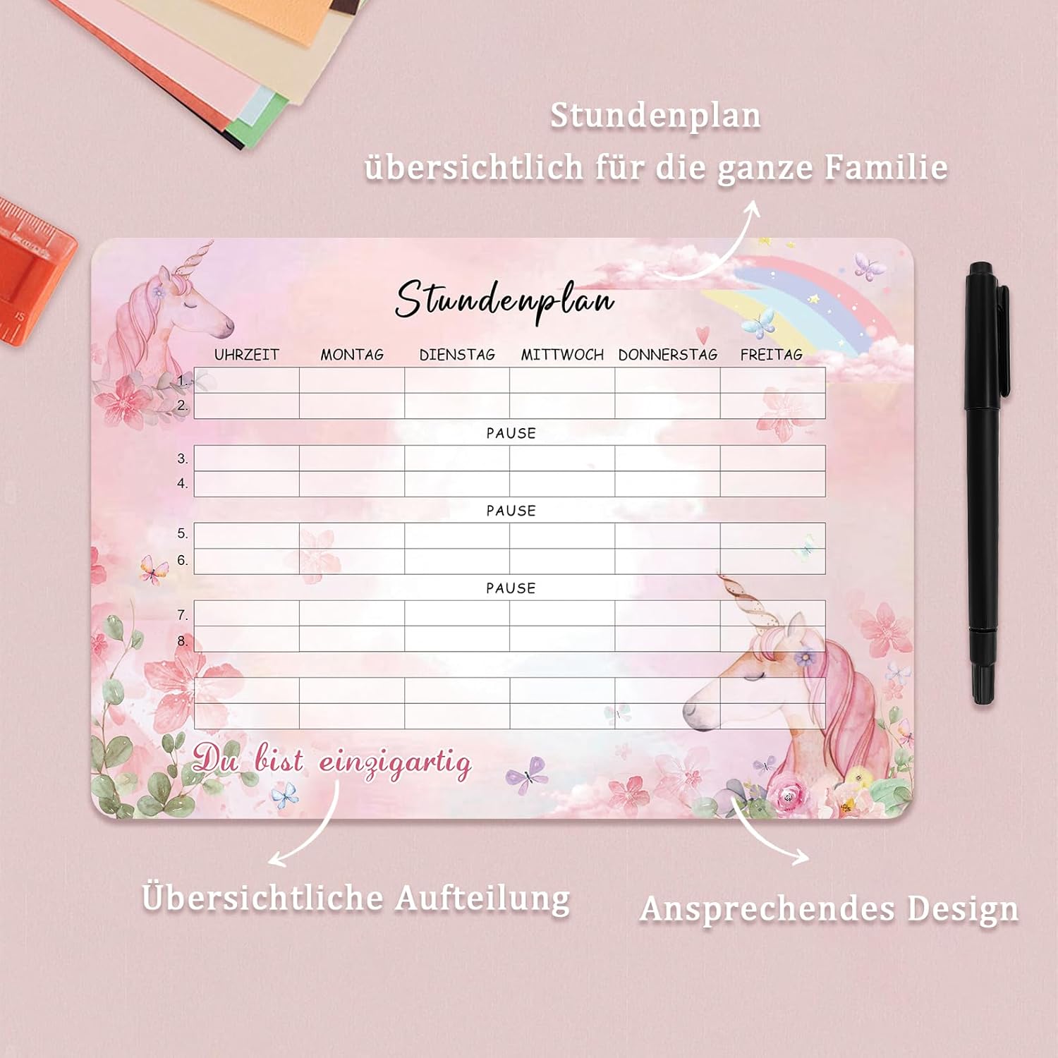 Unicorn timetable wipeable, magnetic timetable, school enrolment girl gift, back to school, contents school cone filling girls – Bild 4