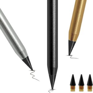 Pack of 3 metal inkless pencils eternal with 3 interchangeable heads, infinity pencil, infinity pencils, clear and fluid writing for adults, students, artists, painters