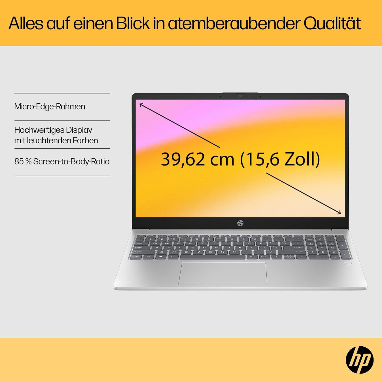 HP 15.6-Inch FHD IPS Display, AMD Ryzen 5 7520U, 16 GB RAM, 512 GB SSD, AMD Radeon Graphics, Windows 11 Home, QWERTZ Keyboard, Silver, with HP Fast Charge – Bild 6