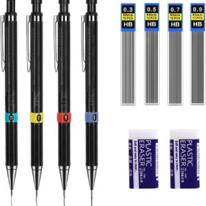 Set of 4 Mechanical Pencil 0.3/0.5/0.7/0.9 mm Lead Pencil, 4 Tubes (48 Pieces) HB Pencil Leads Interchangeable Refills and 2 Pieces Erasers for Students, Writing, Drawing