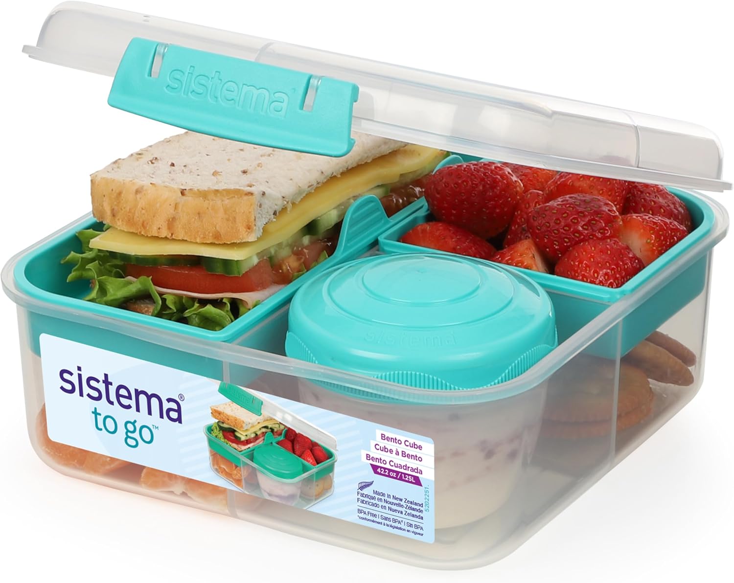 Sistema Bento Box To Go Lunch Box with Compartments, 1.25 L Lunch Box with Yoghurt/Fruit Container, Lunch Box Children and Adults, Teal