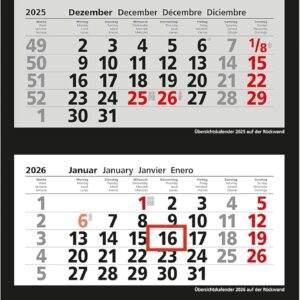 Herlitz 3-Monts 2026 Wall Calendar with Day Display (1 Piece, 3 Months)