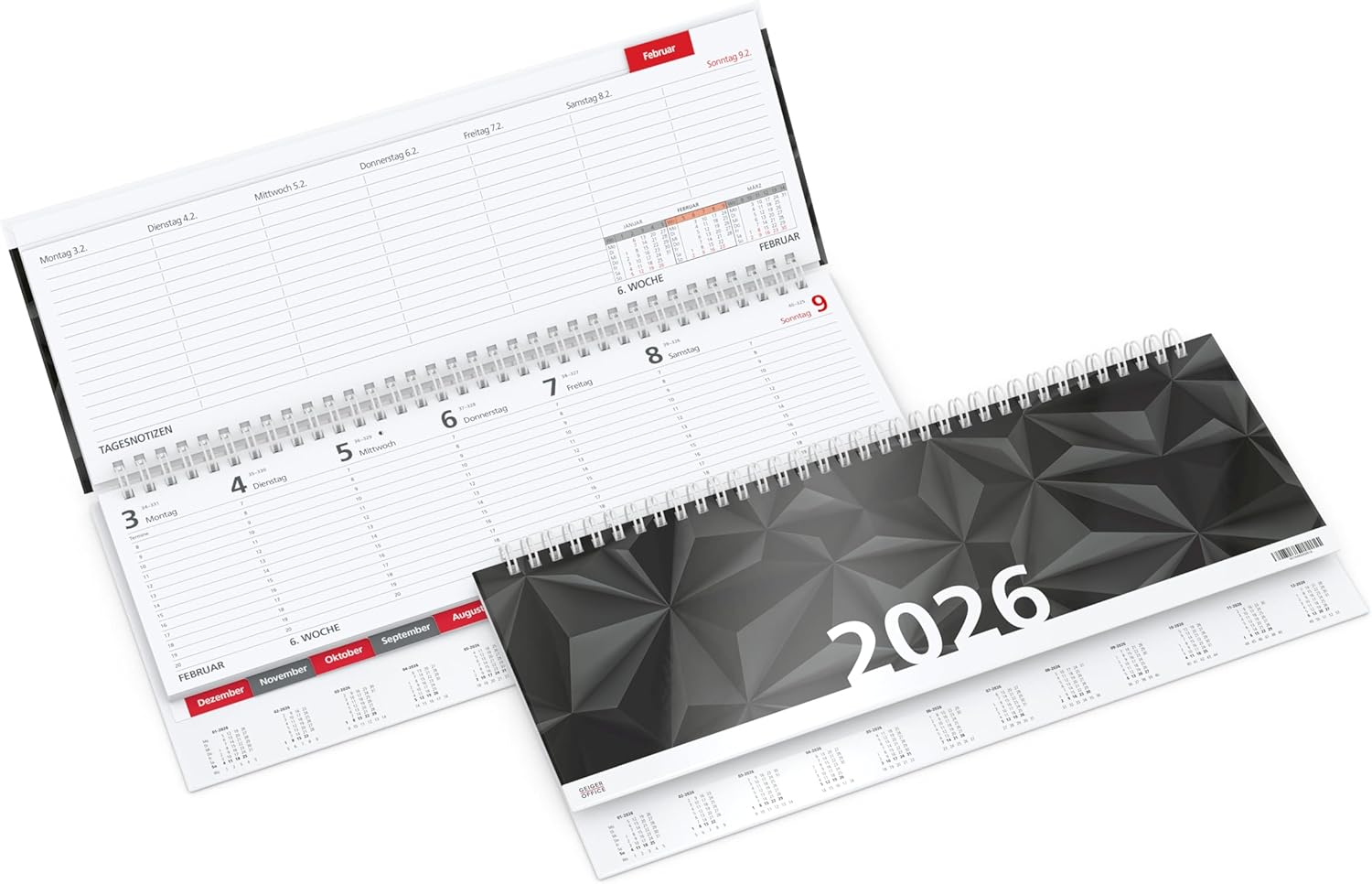 Premium Table Landscape Calendar 2025 Tempo-Register Diary with Monthly Index Punch + Extra Sturdy Hardcover 1 Week on 2 Pages, 30.5 x 13 cm, 128 Pages