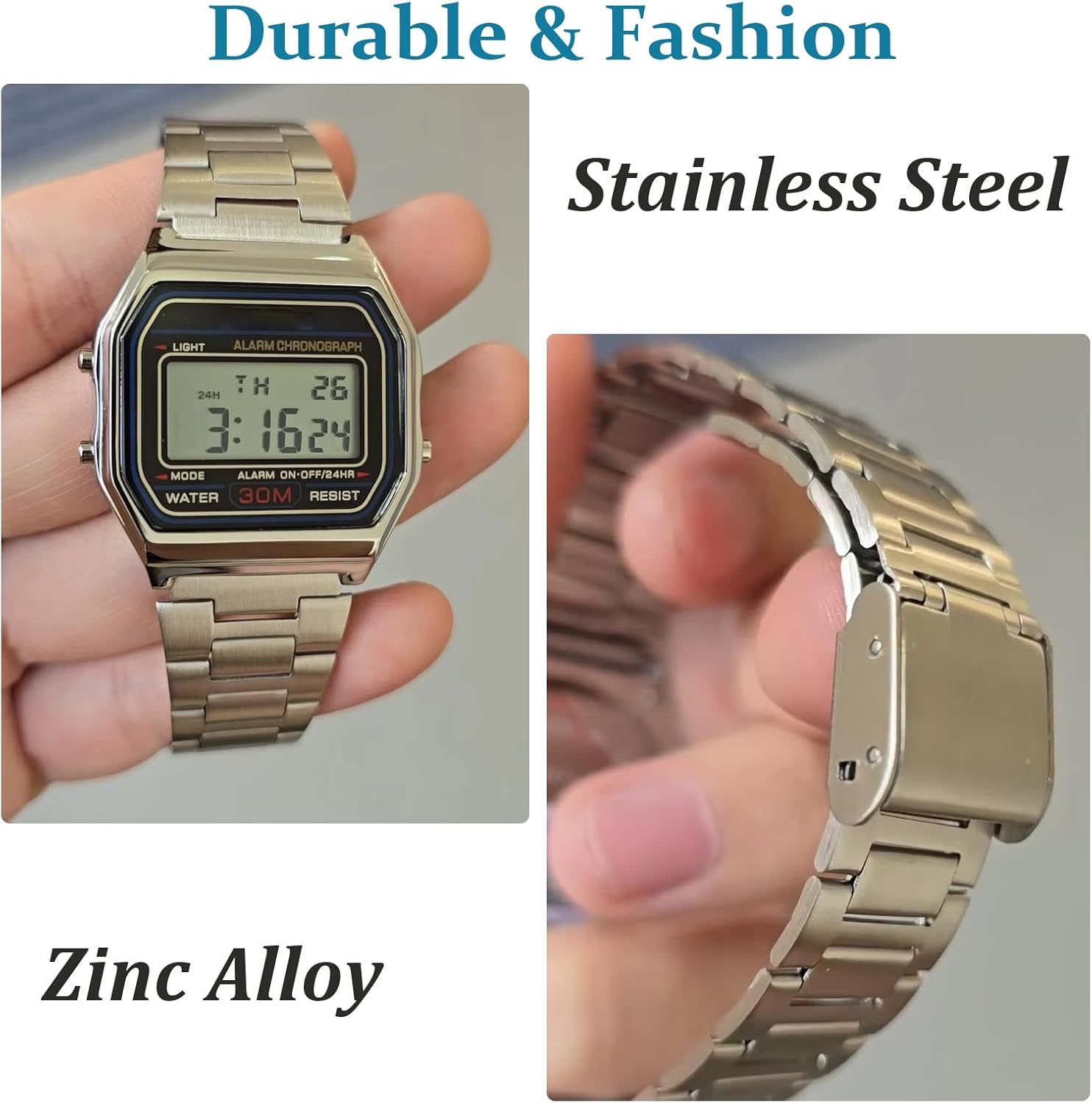 Luxuriöse Business-Armbanduhr, 30 m, wasserdicht, Edelstahl, Sportuhr, Digitaluhr – Bild 3