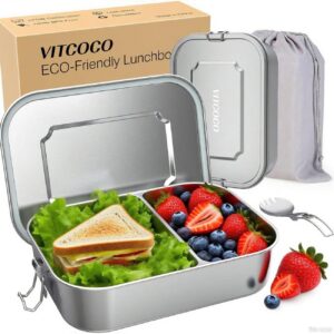 Vitcoco Stainless Steel Lunch Box Watertight Lunch Box Metal Lunch Box Leak-proof Bento Box Rectangular Lunch Box BPA-Free for Travel/Hiking/School Children and Adults 1400 ml