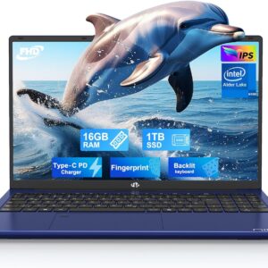 NIMO 15.6 Inch Laptop FHD Computer: 16GB RAM, 1TB SSD, Win 11 Home, Intel N100 up to 3.4GHz, Fingerprint Reader, 65W PD, Backlit Keyboard, Lightweight Notebook, Blue